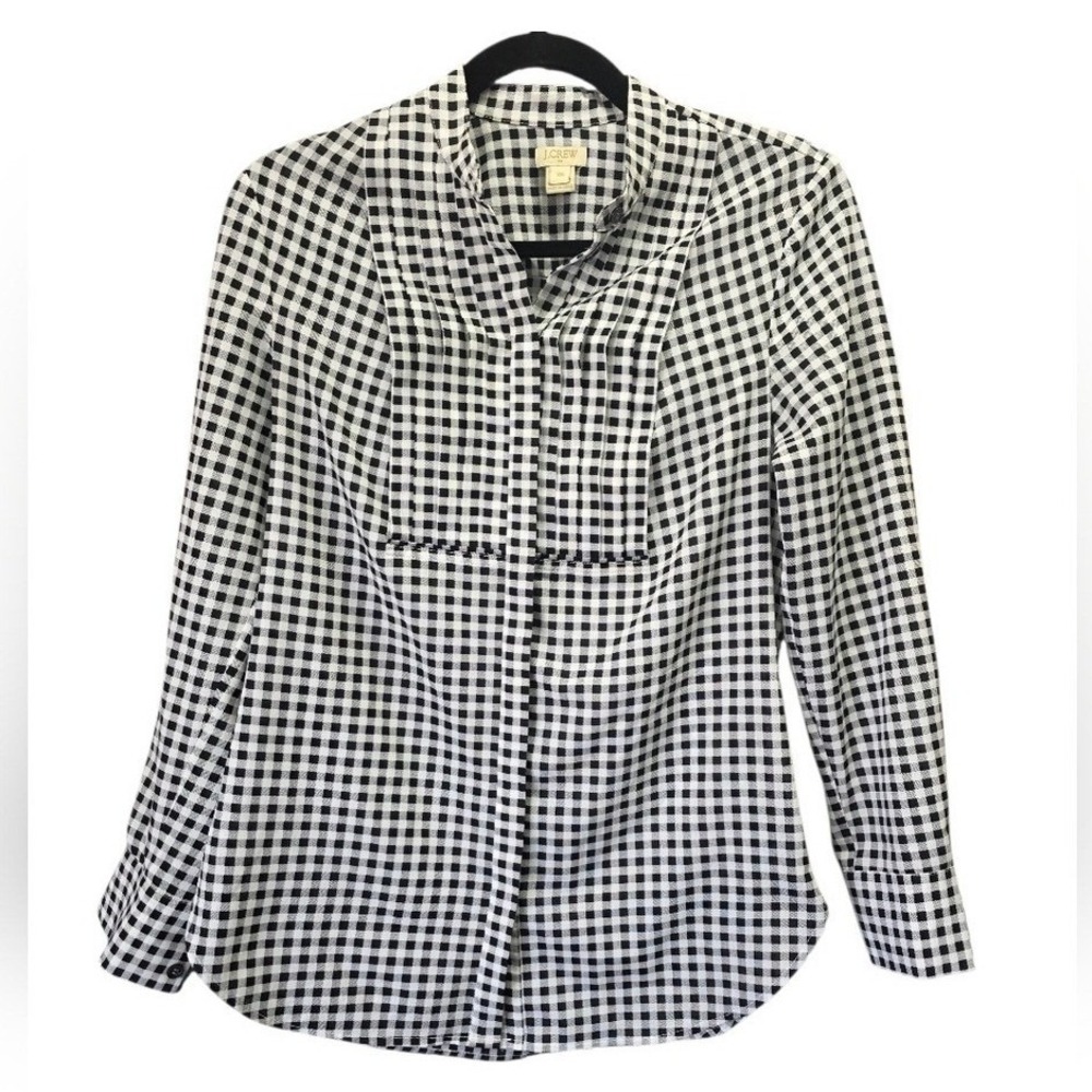 J. Crew Black and White Gingham Popover Blouse XXS Long Sleeve Preppy Classic